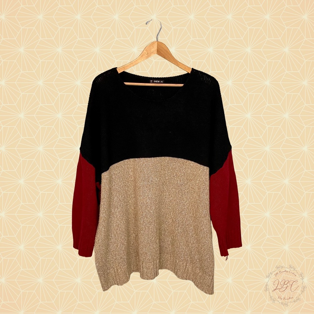Shein Plus Sweater, Tan Black Red, Knit, Long Sleeve, Scoop Neckline